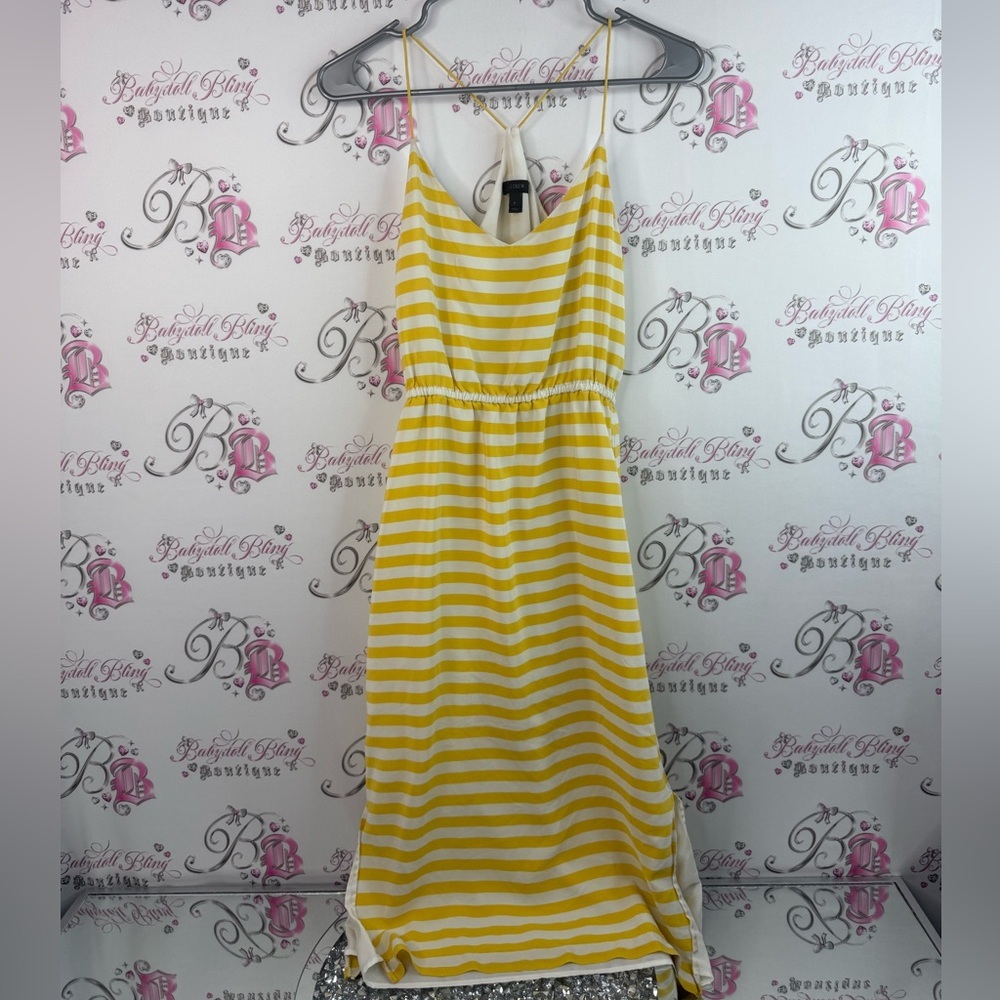 J. Crew dress thin spaghetti straps flowy slit Yellow White Striped Midi Dress